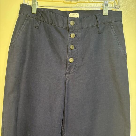 J Crew Factory Navy Wide Leg Button Front Pant Slub Cotton Cropped Trouser SZ 27 - Picture 2 of 12